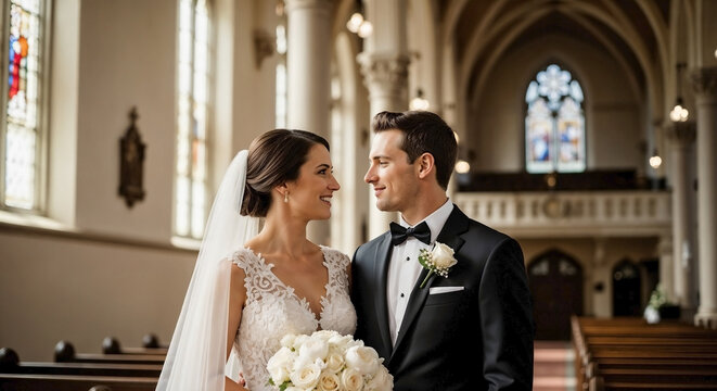 Elegant church wedding showing happy bride and groom gazing lovingly inside grand cathedral. Traditional church architecture provides beautiful backdrop for newlyweds on their special day.