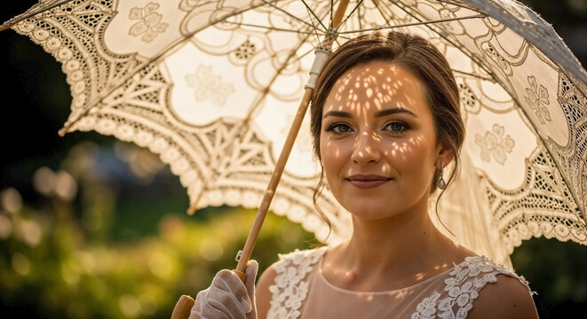 Bride holding parasol, smiling with lace shadows on face from golden light. Elegant bride holding parasol, wearing bridal dress and gloves, creates romantic outdoor scene.