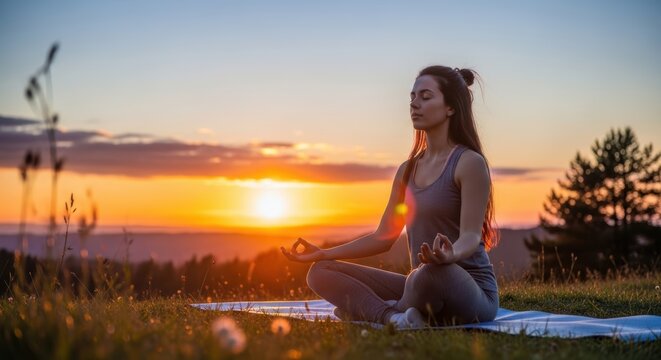 young woman meditating at sunset in serene outdoor field with golden light