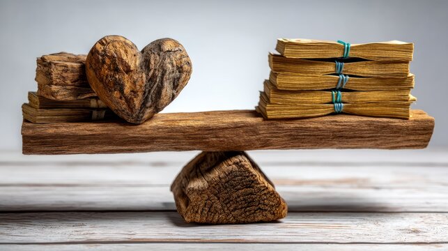 Heart-Shaped Stone Balancing on a Wooden Fulcrum with Stacked Books