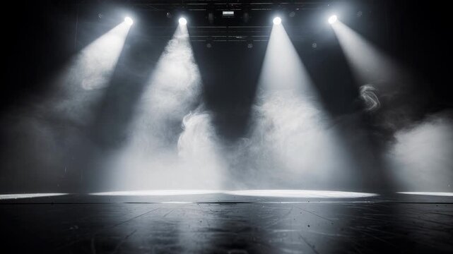 Dark theater stage with bright spotlights shining through swirling smoke for dramatic performance lighting