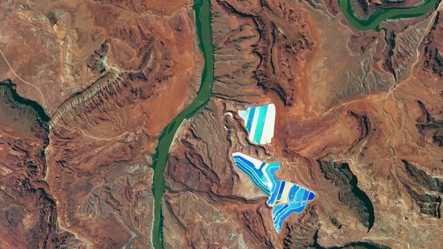 Flying above potash ponds, red rocks, deserted dry area with canyon of a river. Camera is moving backward and right. Animation based on image by NASA