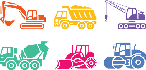 Colorful icons set of construction vehicles including an excavator dump truck crane cement mixer © MC Creative
