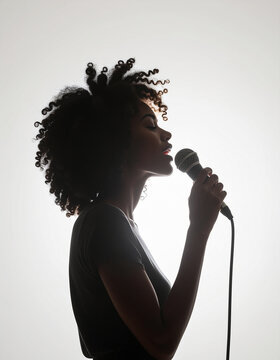 silueta de mujer cantante afro cantando con micr&oacute;fono retro, expresi&oacute;n emocional, concepto de m&uacute;sica, talento, voz, arte esc&eacute;nico, creatividad y marcas con identidad art&iacute;stica