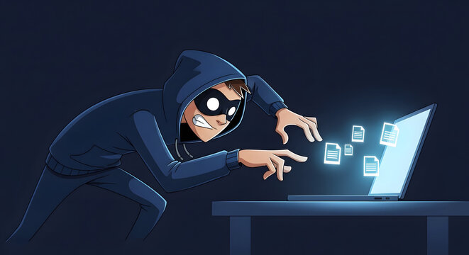 Masked hacker stealing digital files from a glowing laptop computer screen