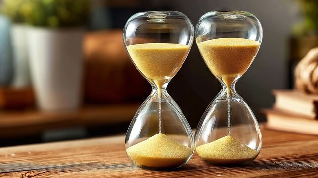 Two Glass Hour Timers Filled with Sand on Wooden Surface for Decorative Use