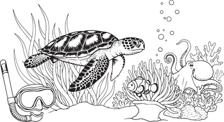 A Hand-drawn vector illustration of a sea turtle swimming near an octopus and a snorkel in underwater ocean scene. © Crushin