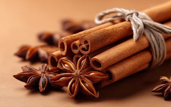 Bundled Cinnamon Sticks Tied with Twine Alongside Star Anise Spice