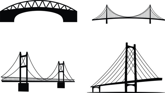 Bridge silhouettes vector set suspension and arch bridges infrastructure illustration isolated design collection