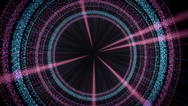 Mesmerizing digital vortex of glowing blue and pink particles spinning rapidly in vibrant motion