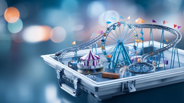 Miniature amusement park in open storage case with colorful attractions