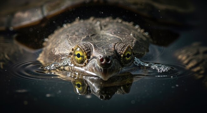 Close-up of a Matamata Turtle Emerging from Dark Water