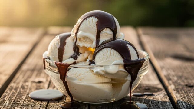 Creamy vanilla ice cream melting slowly in a glass bowl with rich chocolate sauce dessert treat