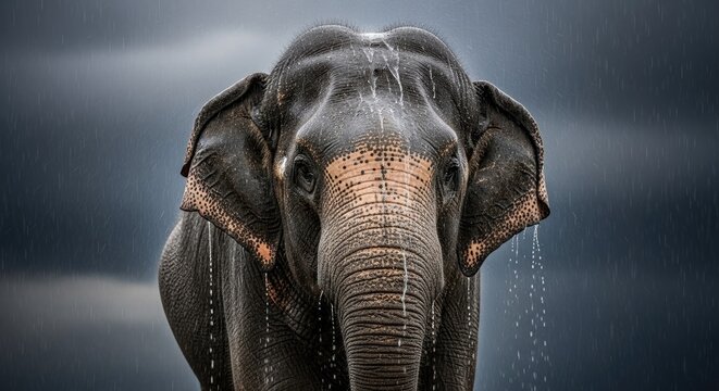 Majestic Asian Elephant Standing in Heavy Rain