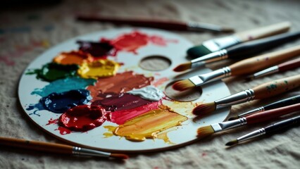 Obraz premium Artist paint palette with brushes resting on cloth surface