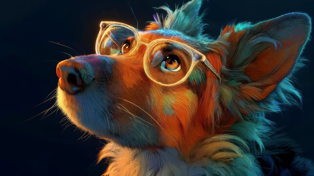Smart German Shepherd Dog wearing clear glasses looking up in a warm glowing atmosphere watercolor clipart illustration for clever pet portraits and creative graphic designs