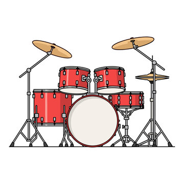 Red vintage drum set with cymbals and stands illustration