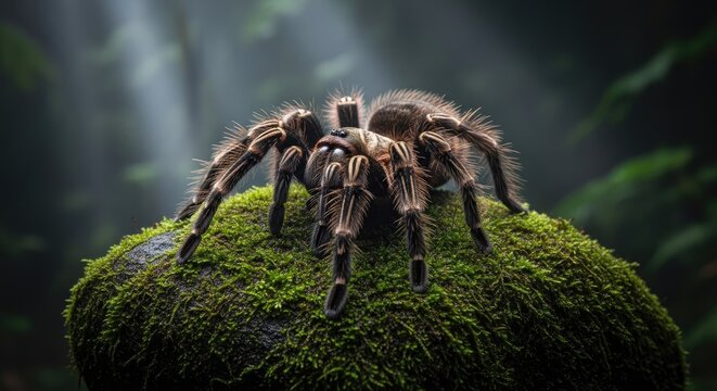 Tarantula Spider Resting on Mossy Rock in Tropical Rainforest