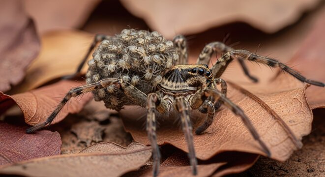Wolf Spider Carrying Numerous Spiderlings on Back