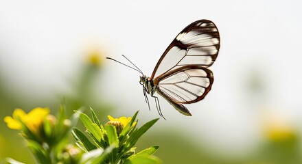 Fototapeta premium Glasswing Butterfly Hovering Over Yellow Flowers