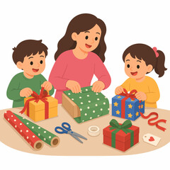 Obraz premium A mother and two children happily wrapping gifts with paper and scissors
