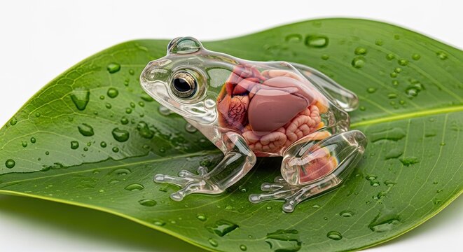 Transparent Glass Frog with Visible Internal Organs on Green Leaf