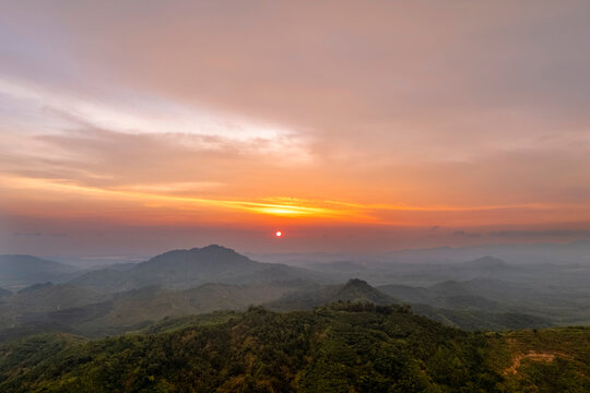 Aerial panoramic view sunrise orange sky of nature and hills of National Park