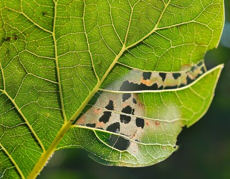 close up of green leaf infested with leaf miner larvae twisted marks within leaf tissue indicate pest infestation plant disease crop damage
