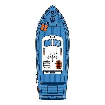 Blue fishing boat with life buoys and equipment on deck
