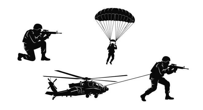 Military personnel and helicopter silhouette high quality professional detailed modern elegant