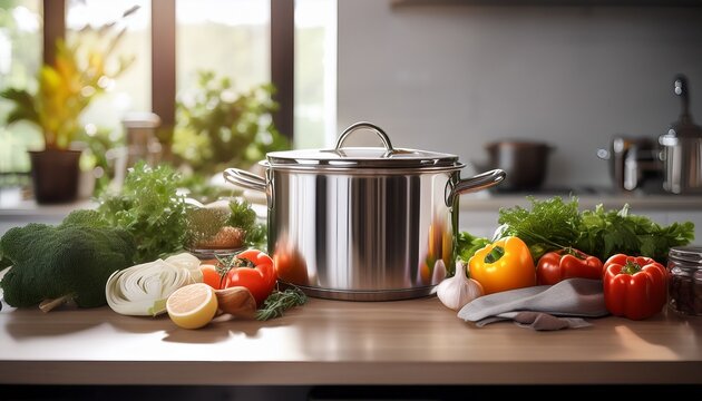 professional stainless cookware on countertop surrounded by fresh ingredients representing modern cooking and healthy lifestyle