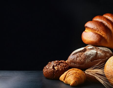 different bakery products over dark background banner for advertising and design promo close up view with copy space