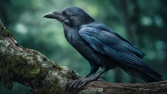 Black crow perched in a lush green forest, rich foliage and soft light create a calm yet mysterious wildlife scene with natural contrast and moody atmosphere