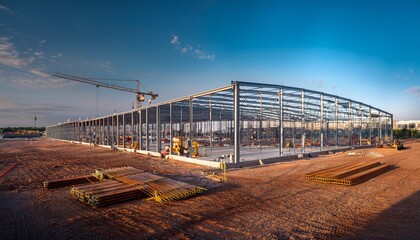 Fototapeta premium construction of a steel frame warehouse in an open area near a city during the day