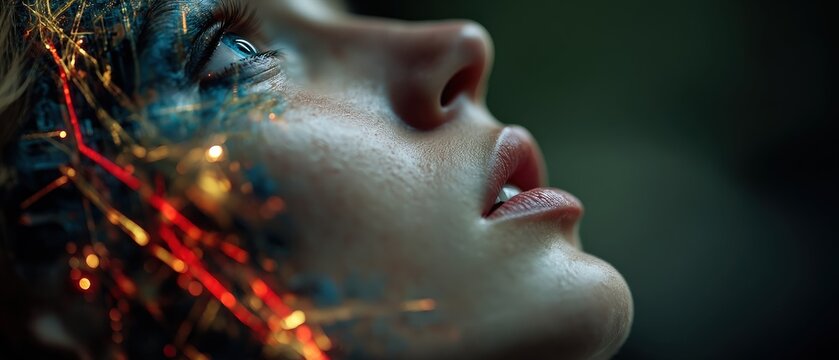Half Human Half Robot Woman Face Futuristic AI Concept Portrait