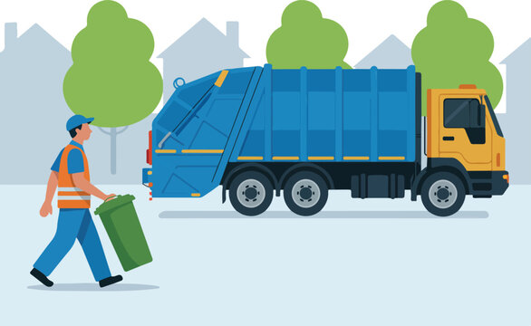 A professional sanitation worker in high-visibility safety vest collecting a green trash bin near a blue garbage truck.
