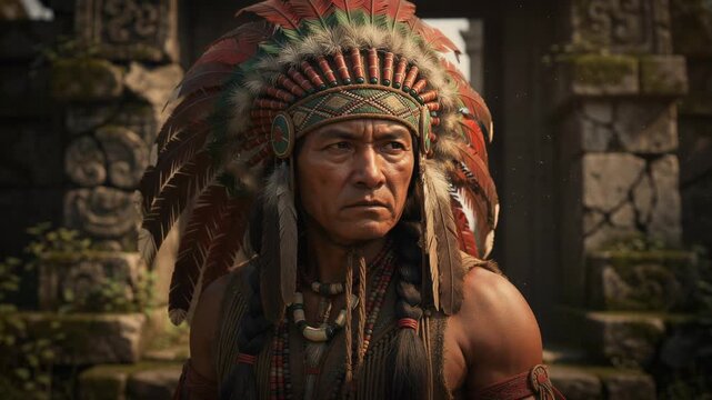 Stoic Native American warrior in traditional feathered headdress standing resolute outdoors