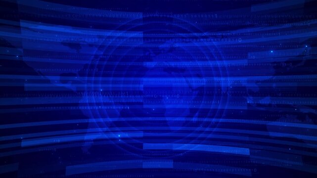 Blue binary world map digital globe, code rows, glowing panels, and dark tech space. AI videos, global network intros, cyber security screens, data dashboards, software promos, and digital overlays.