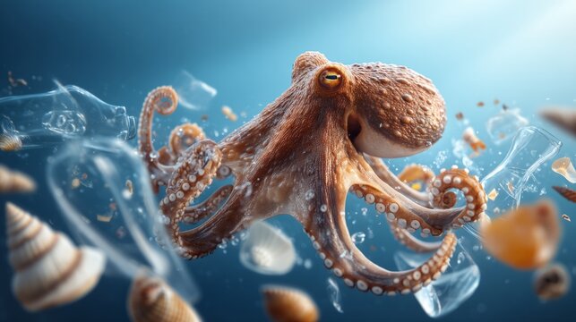 Colorful Octopus Extending Tentacles Surrounded by Floating Shells and Debris