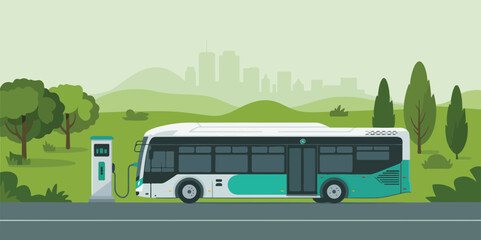 Modern electric city bus charging at a public station in a green urban park with a distant city skyline background. © MSTAFRUJA