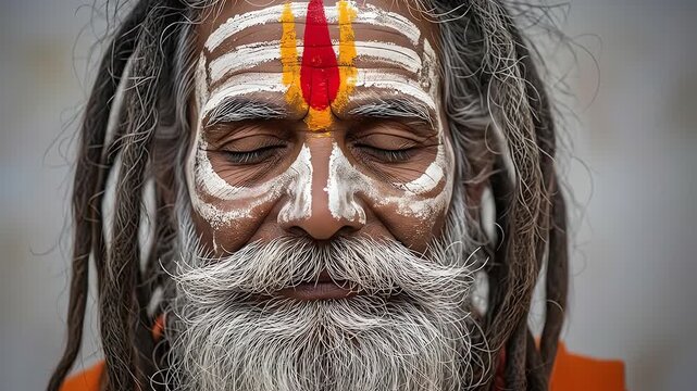 Spiritual Meditation of Aged Indian Sadhu with Tilaka Markings