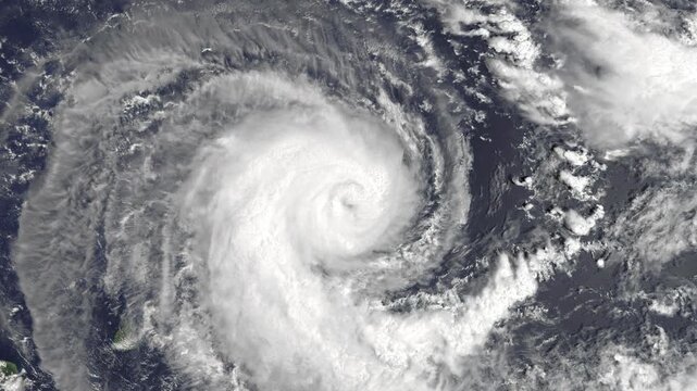 Panoramic shot on cyclone above ocean. Weather change, bad weather concept. Camera is zooming in, rotating clockwise. Animation based on image by NASA