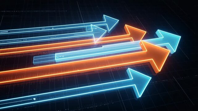 Futuristic glowing blue and orange arrows swiftly moving forward on digital background for technology and innovation