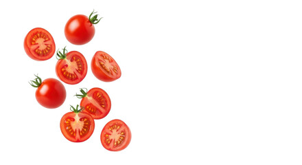 Fototapeta premium Vibrant red cherry tomatoes, whole and sliced, suspended mid-air against a transparent studio background with copy space, concept of healthy eating and fresh ingredients