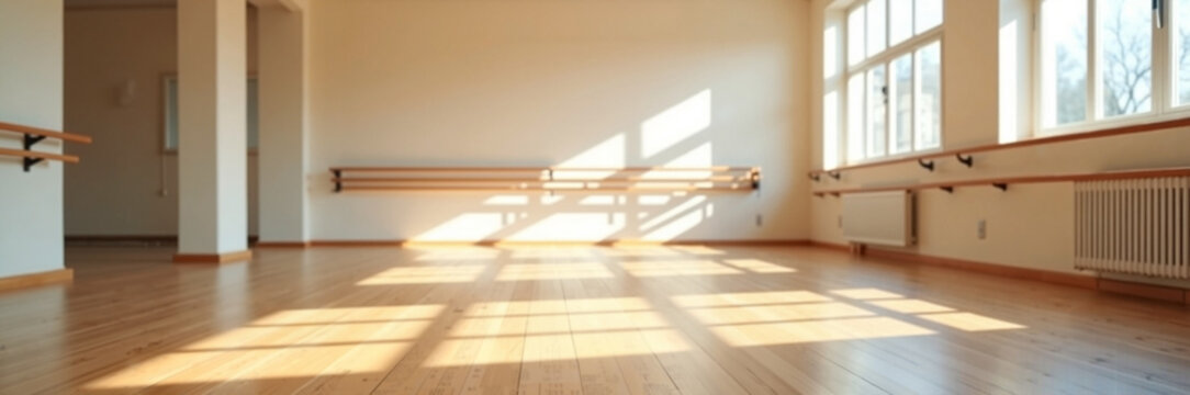Spacious dance studio with natural light streaming through windows, wooden flooring enhances ambiance for practice and performance. Ideal space for dance classes or auditions to inspire creativity.