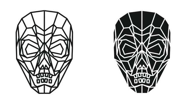 Geometric skull illustration with bold black and white design