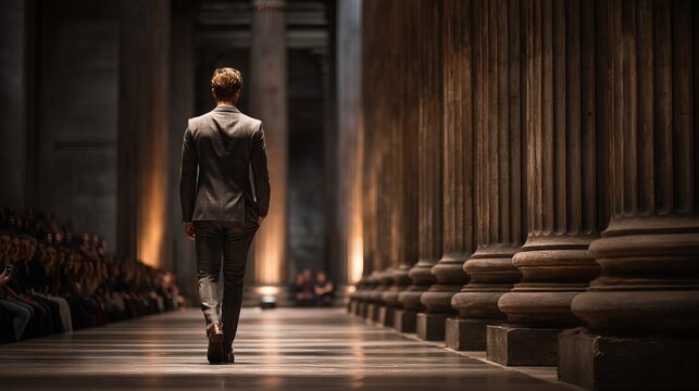 Male Model in Tailored Formal Suit Walking Along Runway with Elegant Columns