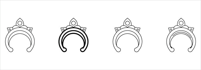 Set of four stylized tiara or crown outline icons with decorative elements on white background. © akram