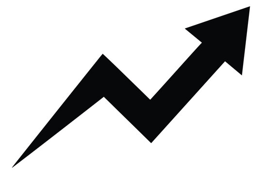Black jagged arrow pointing upwards on a white background, rising