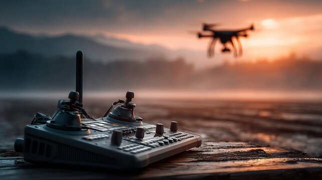Remote control console with dual joysticks and drone in twilight scenery